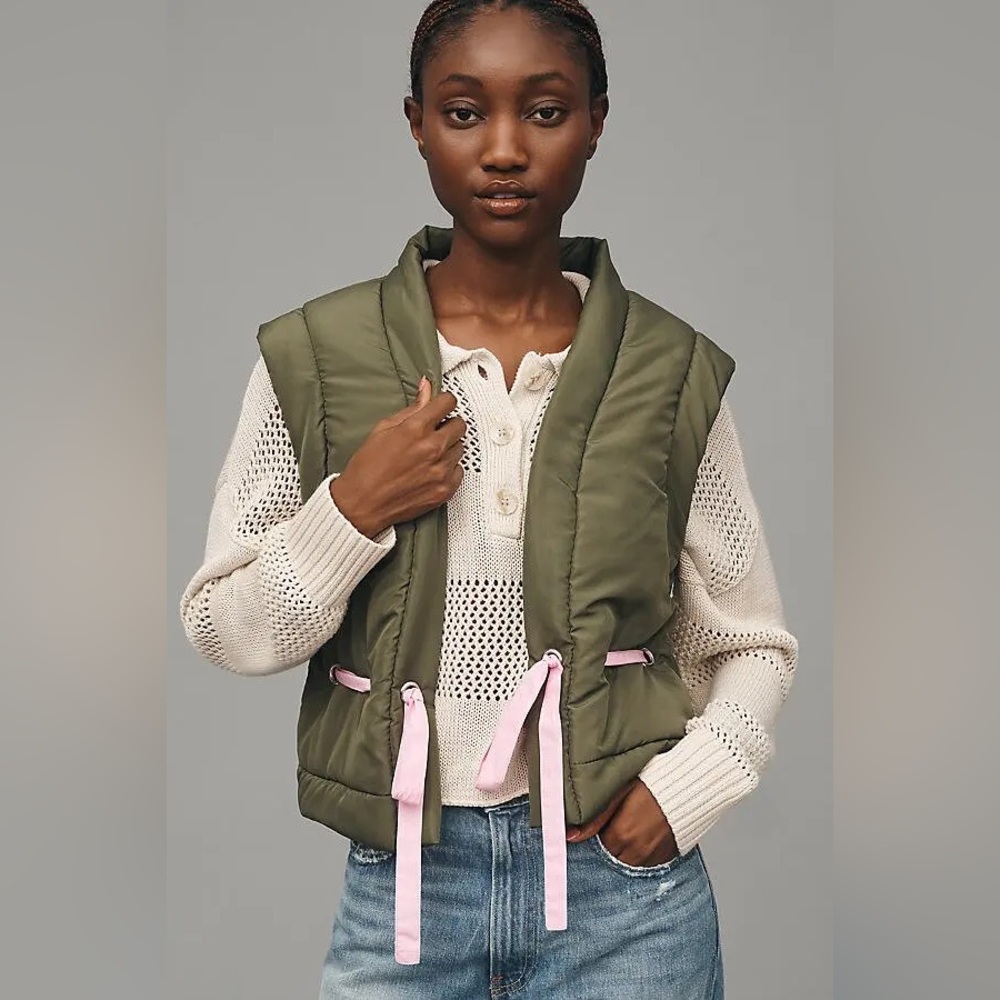 Daily Practice by Anthropologie Ribbon Tie Puffer Vest Size XS/S Green Pink